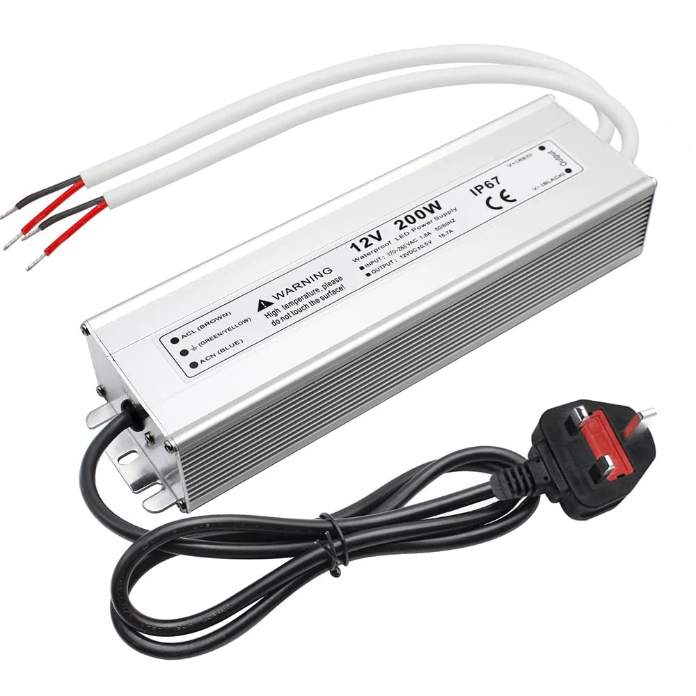 12V Outdoor Waterproof LED Power Supply 200W-500W, 175–265V Input, Single/Dual Wire Output, Aluminum Housing, Landscape & Outdoor Lighting, CE/RoHS/FCC Certified, Waterproof Transformer for Outdoor Lighting, UK/EU Plug