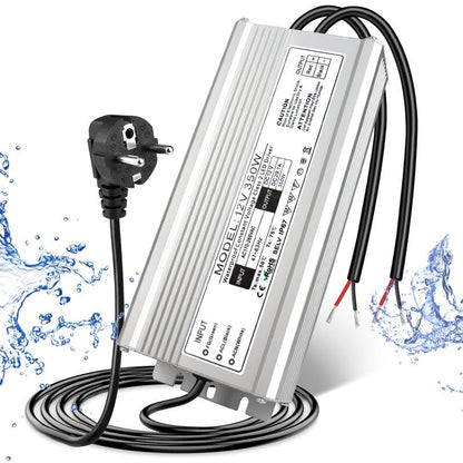 12V Outdoor Waterproof LED Power Supply 200W-500W, 175–265V Input, Single/Dual Wire Output, Aluminum Housing, Landscape & Outdoor Lighting, CE/RoHS/FCC Certified, Waterproof Transformer for Outdoor Lighting, UK/EU Plug