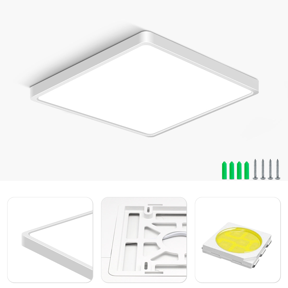 inShareplus 12 Zoll quadratische LED-Deckenleuchte, 3200 lm, 24 W, 5000 K Tageslicht, superhelle Deckenleuchten, weiße LED-Lampe zur Unterputzmontage, Einbauleuchten für Küche, Bad, Schlafzimmer, Flur, Büro, Garage 