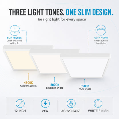 inShareplus 12 Zoll quadratische LED-Deckenleuchte, 3200 lm, 24 W, 5000 K Tageslicht, superhelle Deckenleuchten, weiße LED-Lampe zur Unterputzmontage, Einbauleuchten für Küche, Bad, Schlafzimmer, Flur, Büro, Garage 