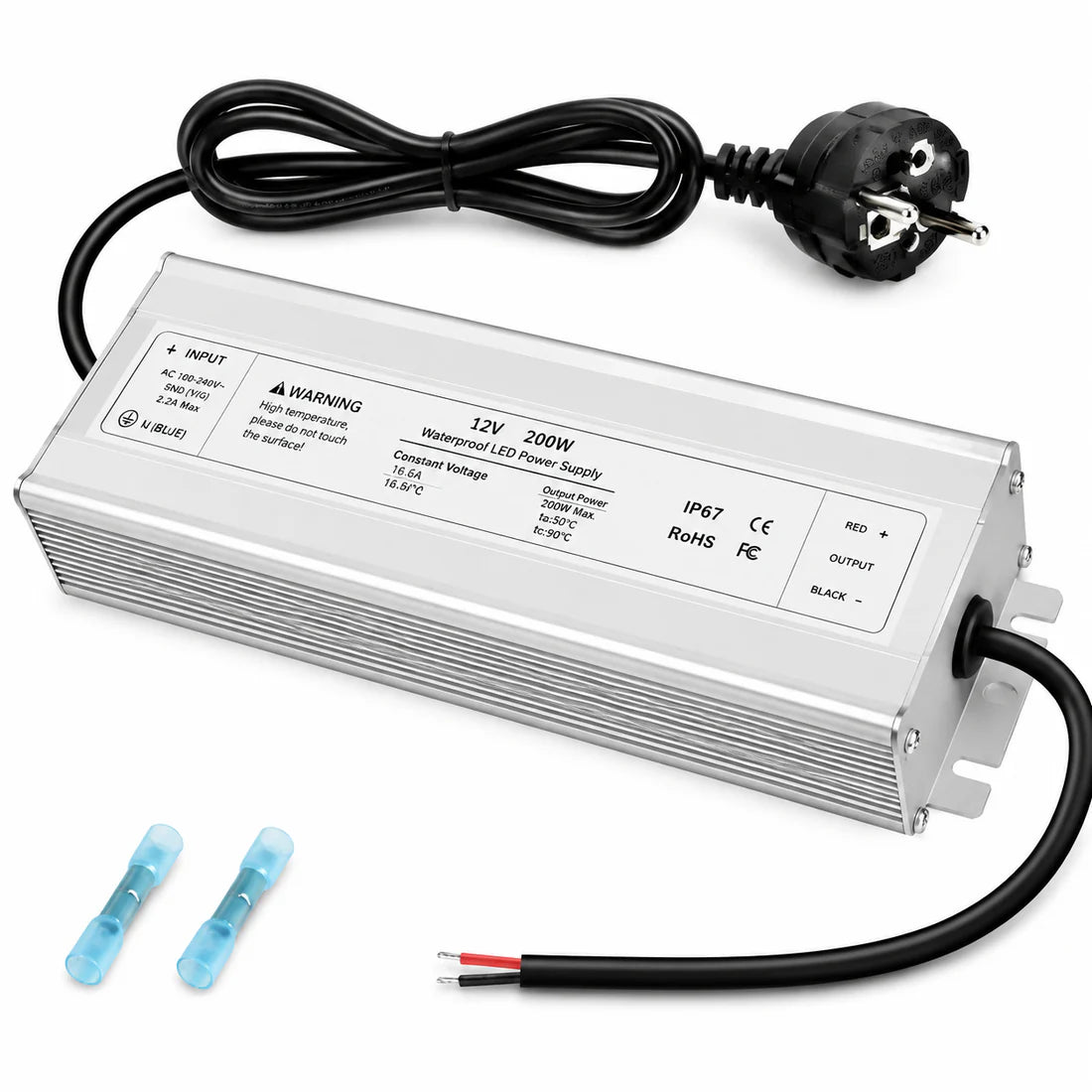 12V Outdoor Waterproof LED Power Supply 200W-500W, 175–265V Input, Single/Dual Wire Output, Aluminum Housing, Landscape & Outdoor Lighting, CE/RoHS/FCC Certified, Waterproof Transformer for Outdoor Lighting, UK/EU Plug