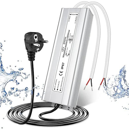 12V Outdoor Waterproof LED Power Supply 200W-500W, 175–265V Input, Single/Dual Wire Output, Aluminum Housing, Landscape & Outdoor Lighting, CE/RoHS/FCC Certified, Waterproof Transformer for Outdoor Lighting, UK/EU Plug