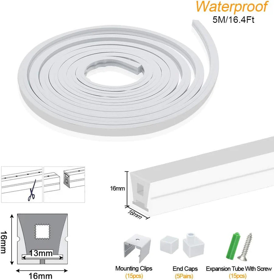 I-TE Series 16×16mm Top Emitting LED Neon Tube Housing | S1616 LED Neon Tube Profile | IP67 Waterproof | 12mm PCB Width | 16.4FT/5M | Interior Ceiling Cove Lighting | Local Stock US/UK/DE