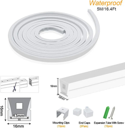 I-TE Series 16×16mm Top Emitting LED Neon Tube Housing | S1616 LED Neon Tube Profile | IP67 Waterproof | 12mm PCB Width | 16.4FT/5M | Interior Ceiling Cove Lighting | Local Stock US/UK/DE