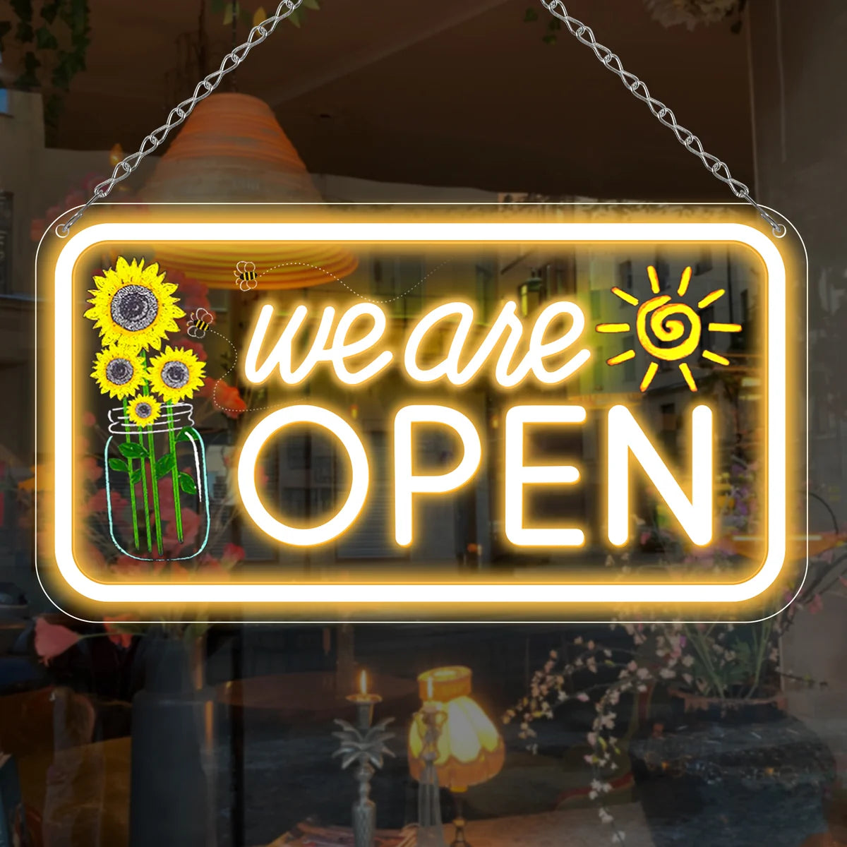 We Are Open Silicone LED Store Signs with Sunflower Decor | Warm White / Neutral White | 16.5 × 9 / 23×12 inch | 12V Plug & Play Storefront Neon Decor for  Store Entrances & Business Locations