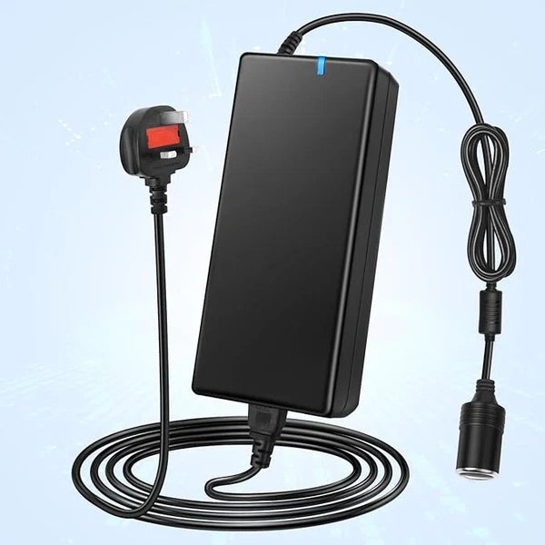 96W Desktop LED Adapter Cigarette Lighter DC 12V, AC 100–240V Input, with UK Plug, Converter Transformer — for Car Accessories, Tire Inflators, Portable Coolers, Car Vacuum Cleaners and 12V Automotive Devices
