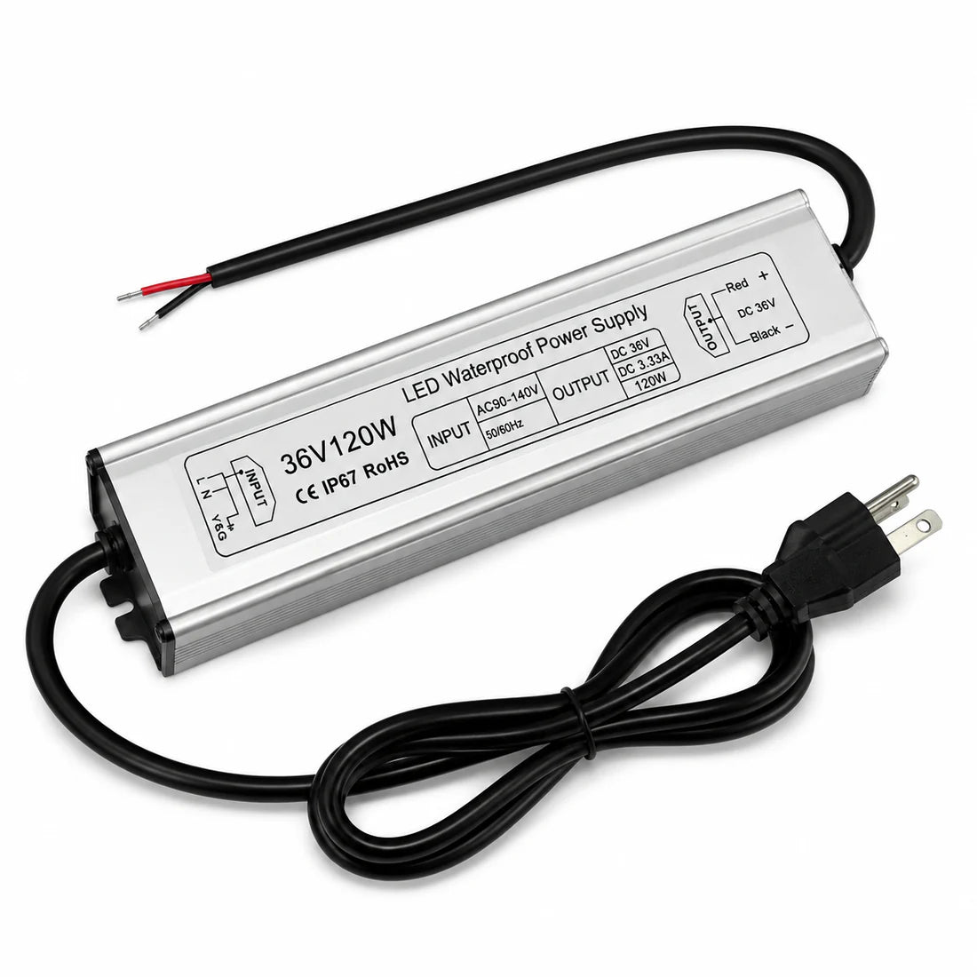 36V Outdoor Waterproof LED Power Supply 100W–400W, 90–140V Input, Single Wire Output, Aluminum Housing, Landscape & Outdoor Lighting, CE/RoHS/FCC Certified, Waterproof Transformer for Outdoor Lighting, US Plug