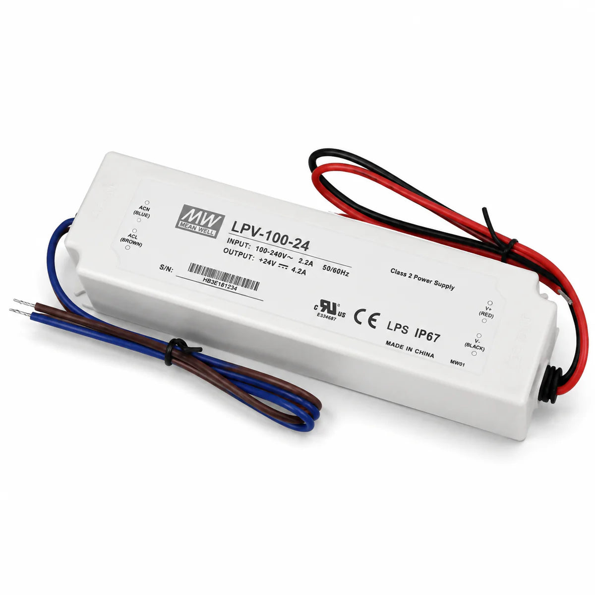MEANWELL LPV Series 12V/24V Outdoor IP67 Waterproof Switching Power Supply, Plastic Housing, 35W–150W, AC90-264V Input, UL/CE Certified, Landscape Lighting