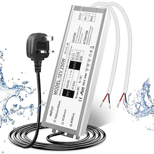 12V Outdoor Waterproof LED Power Supply 110W–280W, 90–265V Input, Single Wire Output, Aluminum Housing, Landscape & Outdoor Lighting, CE/RoHS/FCC Certified, Waterproof Transformer for Outdoor Lighting, US/UK/EU Plug
