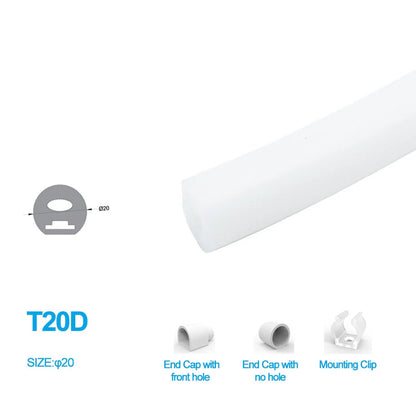 I-3E Series ⏀20mm 3-Side Emitting LED Neon Tube Housing | S20D Silicone Neon Tube | IP67 Waterproof | 10mm PCB Width | 16.4FT/5M | Outdoor Facade Event Lighting