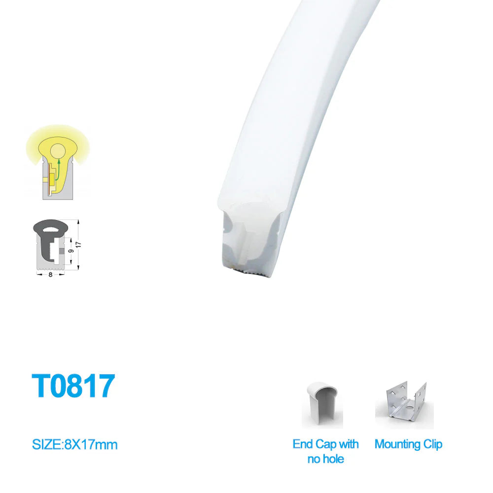 I-SE Series 8×17mm Side Emitting LED Neon Tube Housing | S0817 LED Neon Tube Profile | IP67 Waterproof | 8mm PCB Width | 16.4FT/5M | Cabinet Edge Lighting