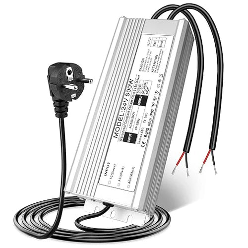 24V Outdoor Waterproof LED Power Supply 200W–500W, 175–265V Input, Single/Dual Wire Output, Aluminum Housing, Landscape & Outdoor Lighting, CE/RoHS/FCC Certified, Waterproof Transformer for Outdoor Lighting, UK/EU Plug