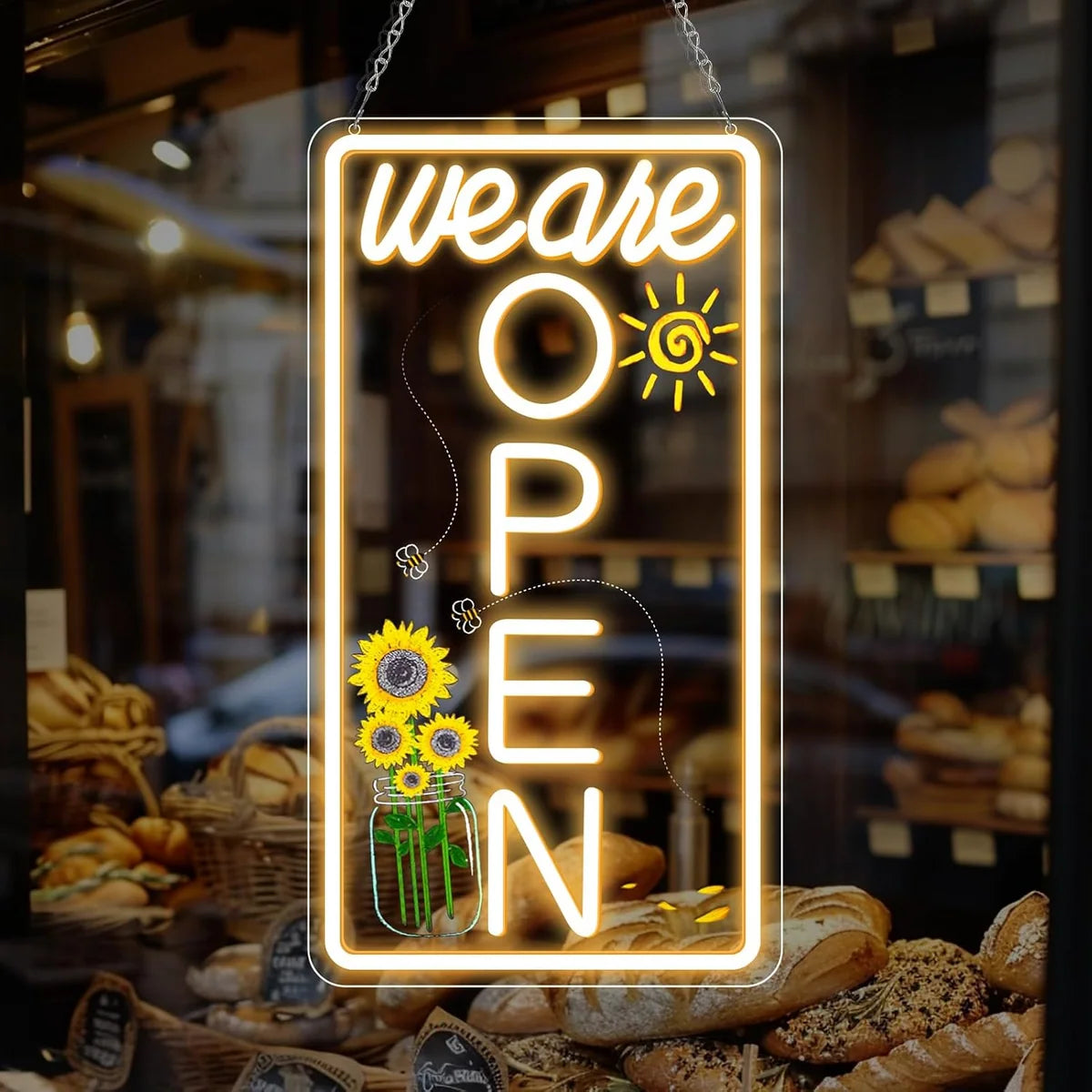 We Are Open Vertical Silicone LED Store Signs – Warm White / Neutral White  | 16.5 × 9 inch |Window Hanging |12V Plug & Play Storefront Neon Decor for  Store Entrances & Business Locations