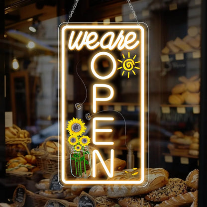 We Are Open Vertical Silicone LED Store Signs – Warm White / Neutral White  | 16.5 × 9 inch |Window Hanging |12V Plug & Play Storefront Neon Decor for  Store Entrances & Business Locations