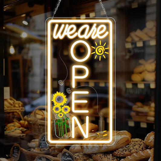 We Are Open Vertical Silicone LED Store Signs – Warm White / Neutral White  | 16.5 × 9 inch |Window Hanging |12V Plug & Play Storefront Neon Decor for  Store Entrances & Business Locations