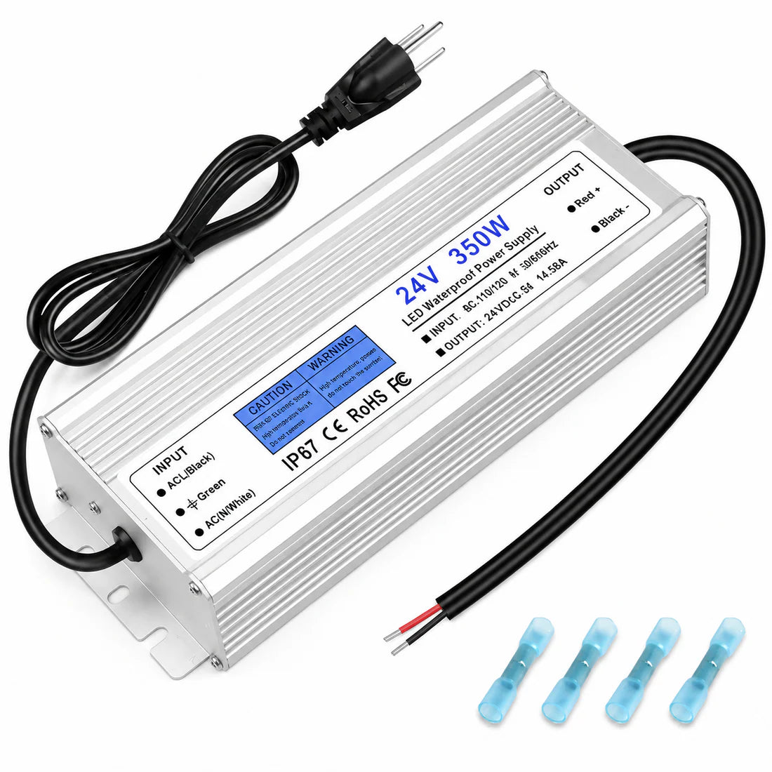 24V Outdoor Waterproof LED Power Supply 200W–500W, 90–140V Input, Single/Dual Wire Output, Aluminum Housing, Landscape & Outdoor Lighting, CE/RoHS/FCC Certified, Waterproof Transformer for Outdoor Lighting, US Plug