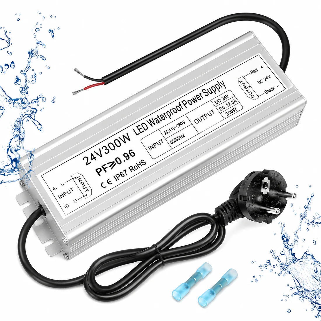 24V Outdoor Waterproof LED Power Supply 200W–500W, 175–265V Input, Single/Dual Wire Output, Aluminum Housing, Landscape & Outdoor Lighting, CE/RoHS/FCC Certified, Waterproof Transformer for Outdoor Lighting, UK/EU Plug