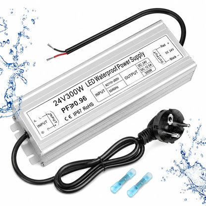 24V Outdoor Waterproof LED Power Supply 200W–500W, 175–265V Input, Single/Dual Wire Output, Aluminum Housing, Landscape & Outdoor Lighting, CE/RoHS/FCC Certified, Waterproof Transformer for Outdoor Lighting, UK/EU Plug