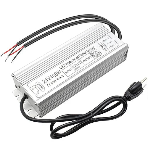 24V Outdoor Waterproof LED Power Supply 200W–500W, 90–140V Input, Single/Dual Wire Output, Aluminum Housing, Landscape & Outdoor Lighting, CE/RoHS/FCC Certified, Waterproof Transformer for Outdoor Lighting, US Plug