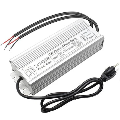 24V Outdoor Waterproof LED Power Supply 200W–500W, 90–140V Input, Single/Dual Wire Output, Aluminum Housing, Landscape & Outdoor Lighting, CE/RoHS/FCC Certified, Waterproof Transformer for Outdoor Lighting, US Plug
