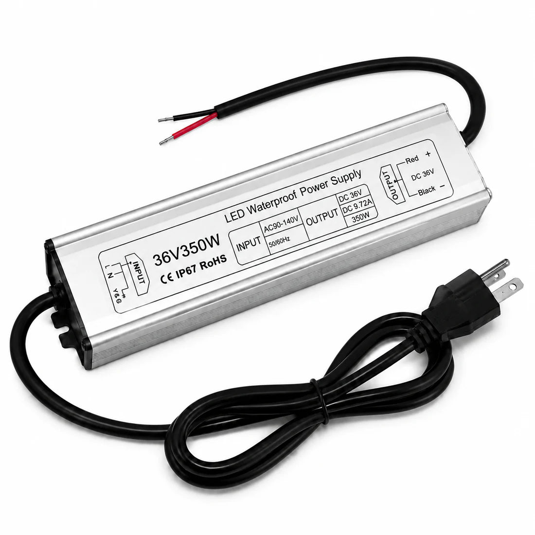 36V Outdoor Waterproof LED Power Supply 100W–400W, 90–140V Input, Single Wire Output, Aluminum Housing, Landscape & Outdoor Lighting, CE/RoHS/FCC Certified, Waterproof Transformer for Outdoor Lighting, US Plug