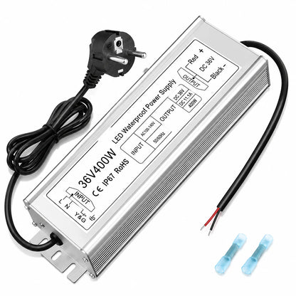36V Outdoor Waterproof LED Power Supply 100W–400W, 175–265V Input, Single Wire Output, Aluminum Housing, Landscape & Outdoor Lighting, CE/RoHS/FCC Certified, Waterproof Transformer for Outdoor Lighting, UK/EU Plug