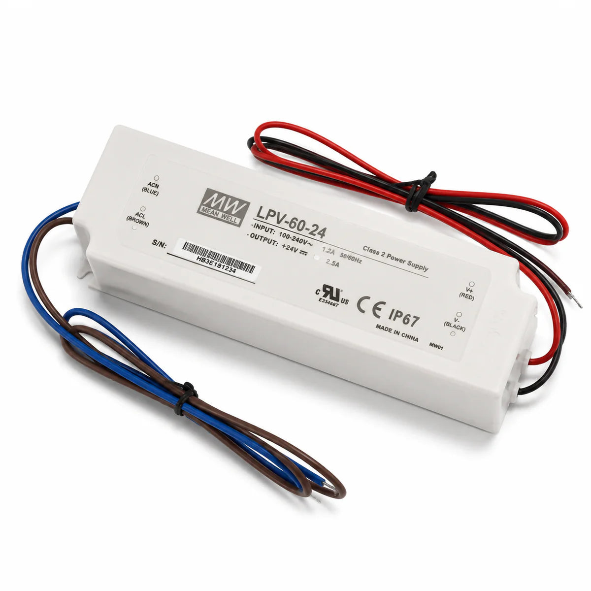MEANWELL LPV Series 12V/24V Outdoor IP67 Waterproof Switching Power Supply, Plastic Housing, 35W–150W, AC90-264V Input, UL/CE Certified, Landscape Lighting