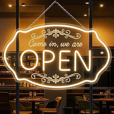 WE ARE OPEN COME IN LED Silicone LED Store Signs – 23.5×14 Inch & 16.5×10 Inch | 5V USB Powered Dimmable Light with Engraved Back Design for  Store Entrances & Business Locations