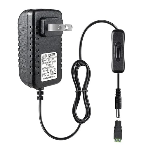 DC 12V Plug-in Power Adapter with On/Off Switch, 24W, US Plug, Black/White Housing, 100–240V AC Input - Power Supply for LED Lighting and Decorative Applications
