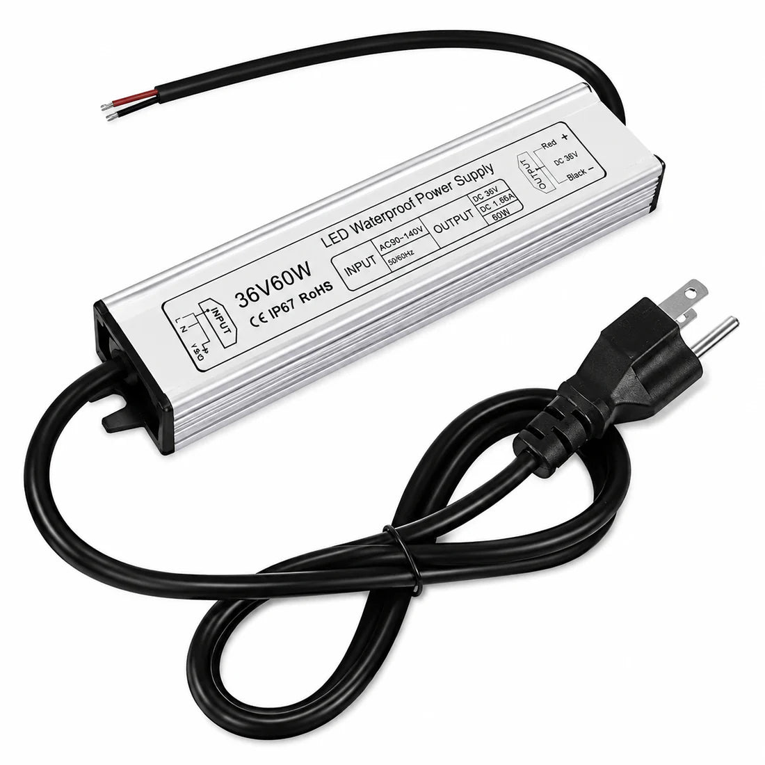 36V Outdoor Waterproof LED Power Supply 60W–80W, 90–265V Input, Single Wire Output, Aluminum Housing, Landscape & Outdoor Lighting, CE/RoHS/FCC Certified, Waterproof Transformer for Outdoor Lighting, US/UK/EU Plug