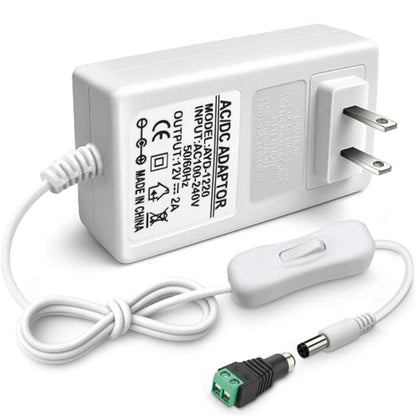 DC 12V Plug-in Power Adapter with On/Off Switch, 24W, US Plug, White Housing, 100–240V AC Input - Power Supply for LED Lighting and Home Applications