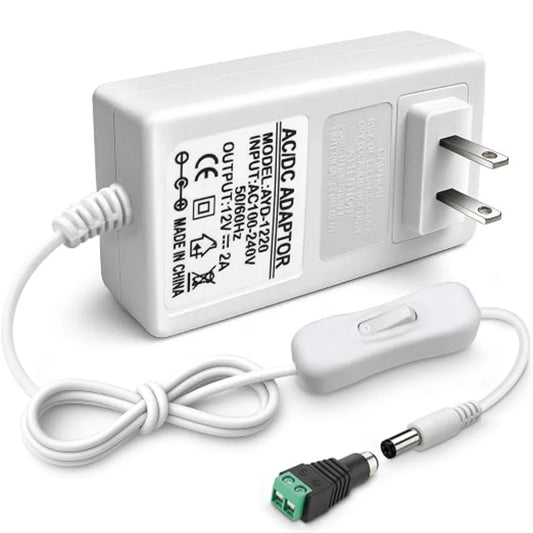 DC 12V Plug-in Power Adapter with On/Off Switch, 24W, US Plug, White Housing, 100–240V AC Input - Power Supply for LED Lighting and Home Applications
