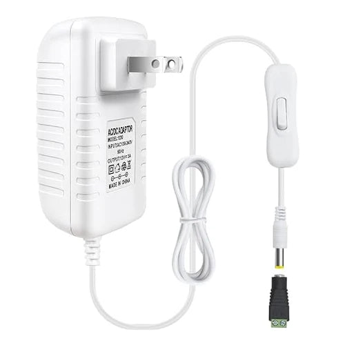 DC 12V Plug-in Power Adapter with On/Off Switch, 36W, US Plug, Black/White Housing, 100–240V AC Input - Power Supply for LED Lighting and Portable Devices
