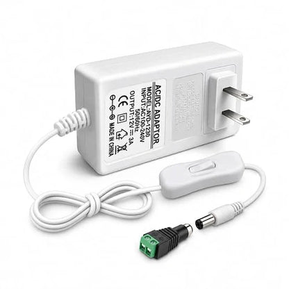 DC 12V Plug-in Power Adapter with On/Off Switch, 36W, US Plug, White Housing, 100–240V AC Input - Power Supply for Decorative Lighting and Home Applications
