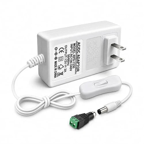 DC 12V Plug-in Power Adapter with On/Off Switch, 36W, US Plug, White Housing, 100–240V AC Input - Power Supply for Decorative Lighting and Home Applications