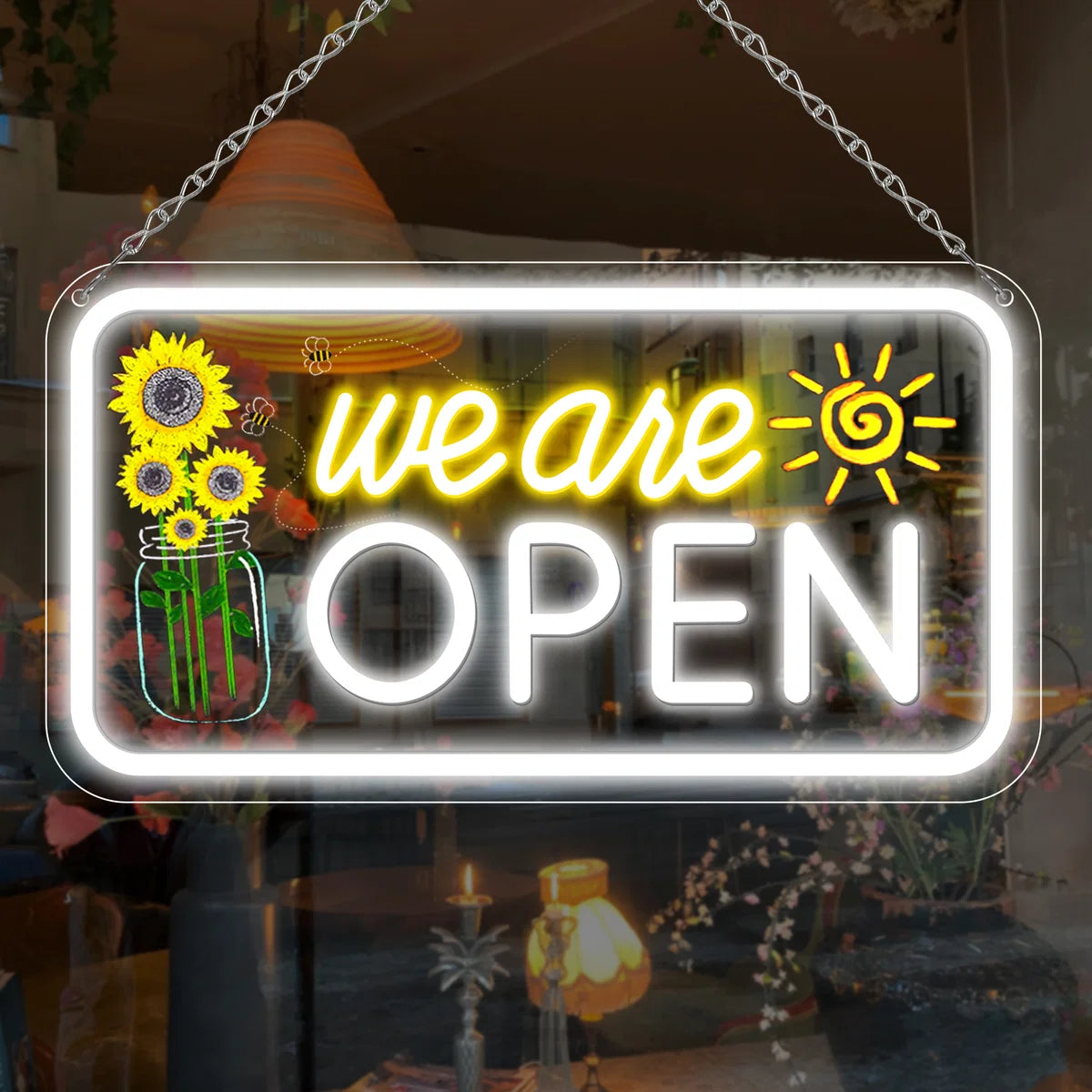 We Are Open Silicone LED Store Signs with Sunflower Decor | Warm White / Neutral White | 16.5 × 9 / 23×12 inch | 12V Plug & Play Storefront Neon Decor for  Store Entrances & Business Locations