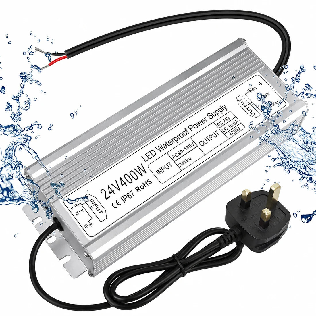 24V Outdoor Waterproof LED Power Supply 200W–500W, 175–265V Input, Single/Dual Wire Output, Aluminum Housing, Landscape & Outdoor Lighting, CE/RoHS/FCC Certified, Waterproof Transformer for Outdoor Lighting, UK/EU Plug