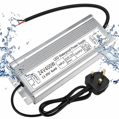 24V Outdoor Waterproof LED Power Supply 200W–500W, 175–265V Input, Single/Dual Wire Output, Aluminum Housing, Landscape & Outdoor Lighting, CE/RoHS/FCC Certified, Waterproof Transformer for Outdoor Lighting, UK/EU Plug