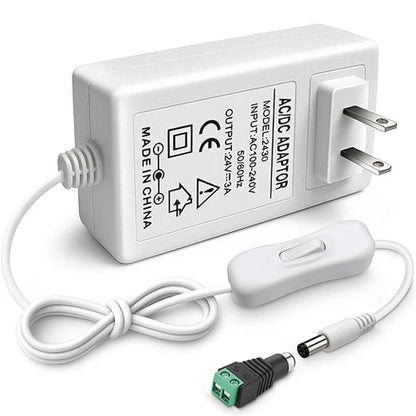 DC 24V Plug-in Power Adapter with On/Off Switch, 72W, US Plug, Black/White Housing, 100–240V AC Input - Power Supply for High Power LED Lighting Applications