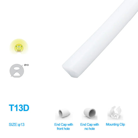 I-3E Series ⏀13mm 3-Side Emitting LED Neon Tube Housing | S13D LED Neon Tube Profile | IP67 Waterproof | 5mm PCB Width | 16.4FT/5M | Round Decorative Lighting