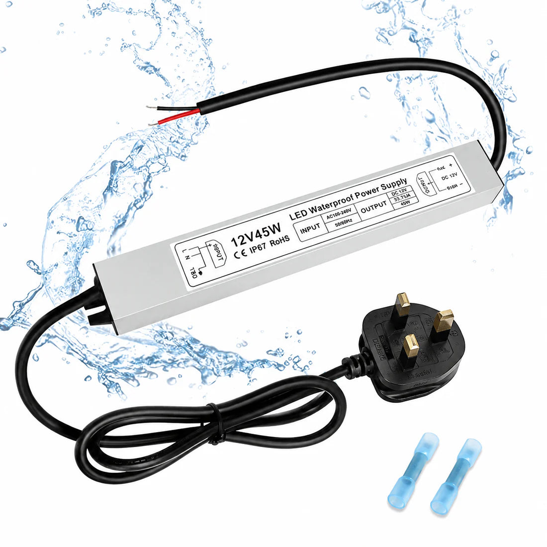 12V Outdoor Waterproof LED Power Supply 30W–100W, 90–265V Input, Single Wire Output, Aluminum Housing, Landscape & Outdoor Lighting, CE/RoHS/FCC Certified, Waterproof Transformer for Outdoor Lighting, US/UK/EU Plug