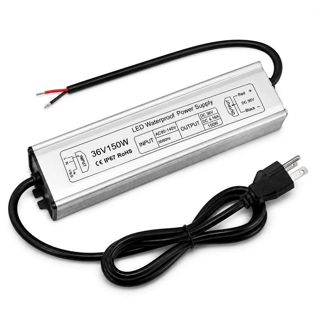 36V Outdoor Waterproof LED Power Supply 100W–400W, 90–140V Input, Single Wire Output, Aluminum Housing, Landscape & Outdoor Lighting, CE/RoHS/FCC Certified, Waterproof Transformer for Outdoor Lighting, US Plug