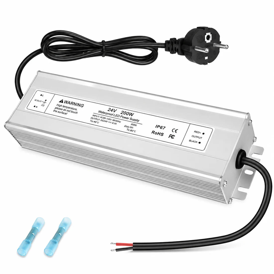 24V Outdoor Waterproof LED Power Supply 200W–500W, 175–265V Input, Single/Dual Wire Output, Aluminum Housing, Landscape & Outdoor Lighting, CE/RoHS/FCC Certified, Waterproof Transformer for Outdoor Lighting, UK/EU Plug
