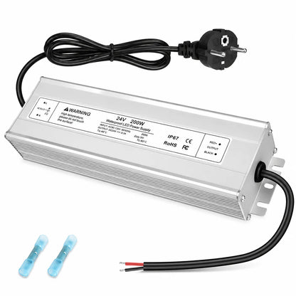 24V Outdoor Waterproof LED Power Supply 200W–500W, 175–265V Input, Single/Dual Wire Output, Aluminum Housing, Landscape & Outdoor Lighting, CE/RoHS/FCC Certified, Waterproof Transformer for Outdoor Lighting, UK/EU Plug