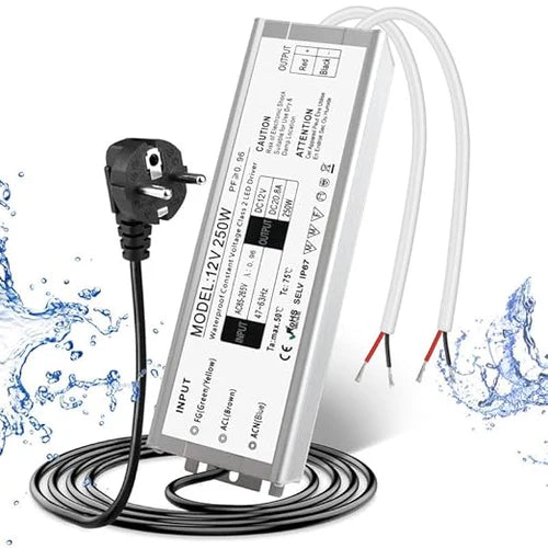 12V Outdoor Waterproof LED Power Supply 110W–280W, 90–265V Input, Single Wire Output, Aluminum Housing, Landscape & Outdoor Lighting, CE/RoHS/FCC Certified, Waterproof Transformer for Outdoor Lighting, US/UK/EU Plug