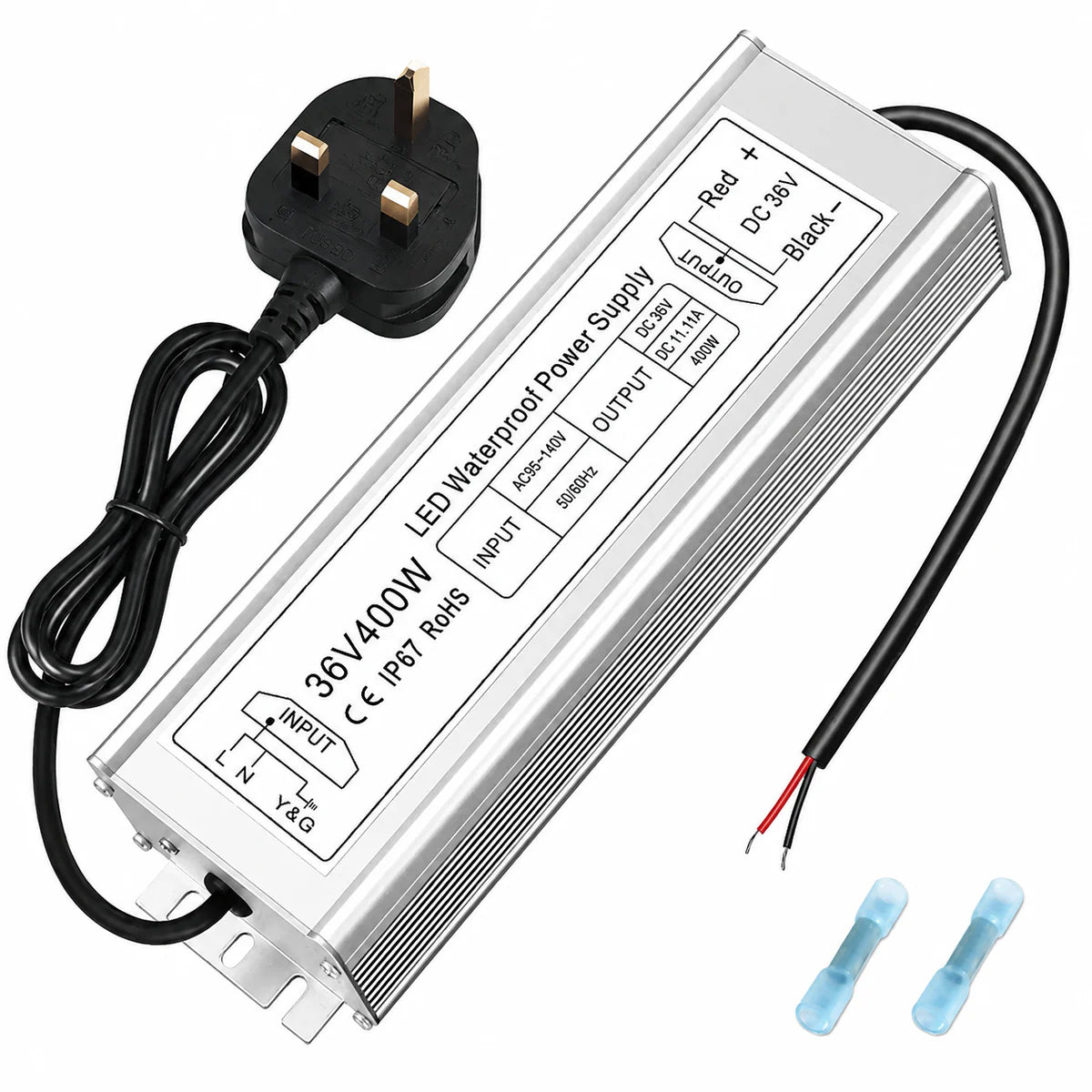 36V Outdoor Waterproof LED Power Supply 100W–400W, 175–265V Input, Single Wire Output, Aluminum Housing, Landscape & Outdoor Lighting, CE/RoHS/FCC Certified, Waterproof Transformer for Outdoor Lighting, UK/EU Plug