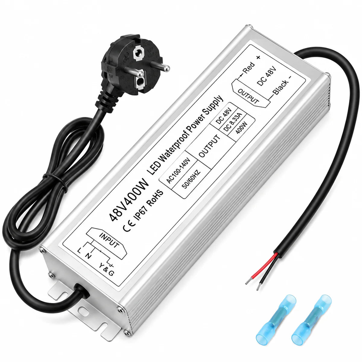 inShareplus 48 V 400 W LED-Netzteil, IP67 regenfester, wasserdichter Außentreiber, AC 90–140 V auf DC 48 V Niederspannungstransformator, Adapterkonverter für LED-Licht, Computerprojekt, Außenbereich 