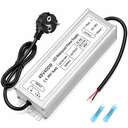 48V Outdoor Waterproof LED Power Supply 100W–400W, 175–265V Input, Single Wire Output, Aluminum Housing, Landscape & Outdoor Lighting, CE/RoHS/FCC Certified, Waterproof Transformer for Outdoor Lighting, UK/EU Plug