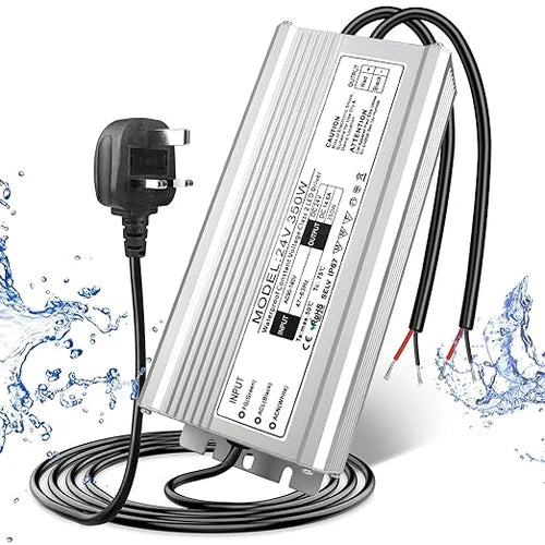 24V Outdoor Waterproof LED Power Supply 200W–500W, 175–265V Input, Single/Dual Wire Output, Aluminum Housing, Landscape & Outdoor Lighting, CE/RoHS/FCC Certified, Waterproof Transformer for Outdoor Lighting, UK/EU Plug