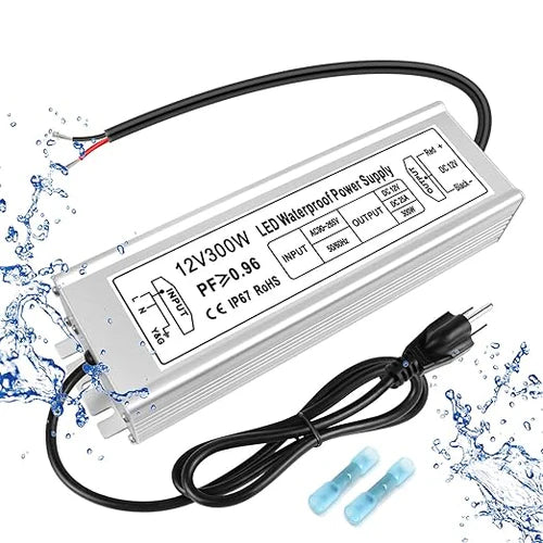 12V Outdoor Waterproof LED Power Supply 300W, 90–265V Input, Single/Dual/Triple Wire Output, Aluminum Housing, Landscape & Outdoor Lighting, CE/RoHS/FCC Certified, Waterproof Transformer for Outdoor Lighting, US /UK/EU Plug